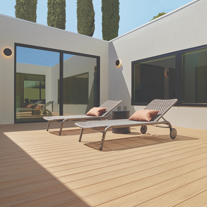 Close-up of TimberTech Advanced PVC decking boards, showcasing the high-quality finish and durability of the material in an outdoor setting.